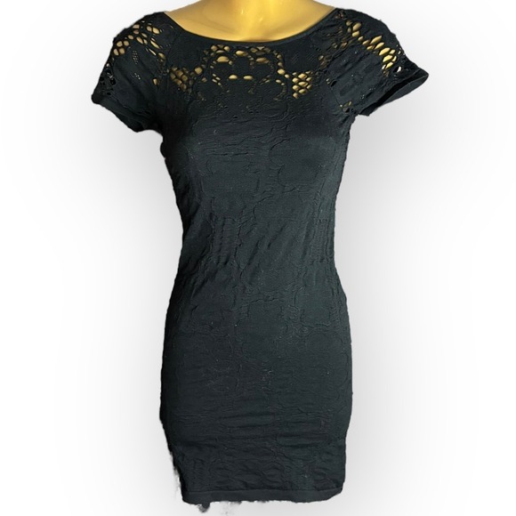 bebe Dresses & Skirts - Black Lace Cutout Bodycon Mini Dress Petite PS Cap Sleeve LBD Party bebe
